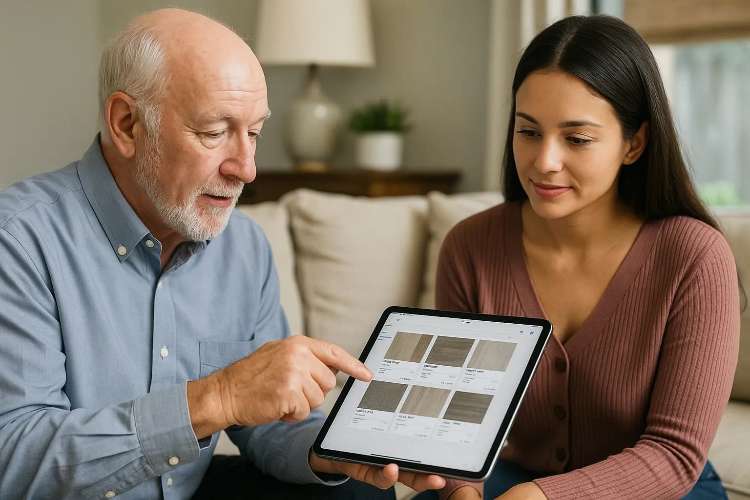 Professional flooring salesperson using iPad app for in-home consultations